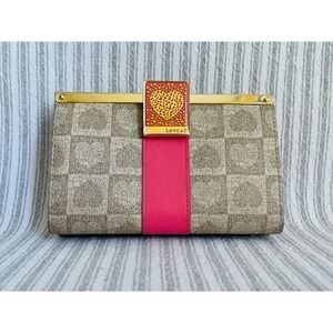 Lovcat Paris Trifold Wallet Checkered‎ Pink Tan Kiss Lock Gold Logo Playful